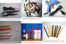 hair extension tools, pliers, glue stick, glue gun, needle, microrings, hair connector