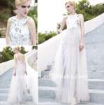 sell white geometrical sequined full length organza sweep wedding dresses 80858