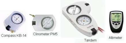 Suunto Altimeter E203,  Compass KB 14,  Clinometer PM5,  Sunnto Tandem ( Clinometer with compass) ,  Francis Barker,  American Pauline Micro