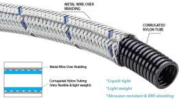 Overbraided flexible corrugated nylon conduit for robotic cable management