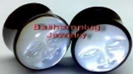 body part piercing horn plugs and tunnelsjewelry,  white m.o.p sea shell with face carving design