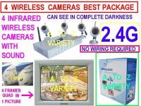 4 CCTV COLOURED WIRELESS SET WITH AUDIO  >> BEST  PACKAGE OF 4 CAMERAS  & 1 RECEIVER , NO OPEN WIRING IS REQUIRED - SPECIAL DISTROTION FREE TRANSMISSION IN  2.4G WITH QUAD - JUST GAVE SUPPLY TO CAMERAS  &  RECEIVER &  THATS ALL - RANGE 150Ft OPEN & 100Ft C